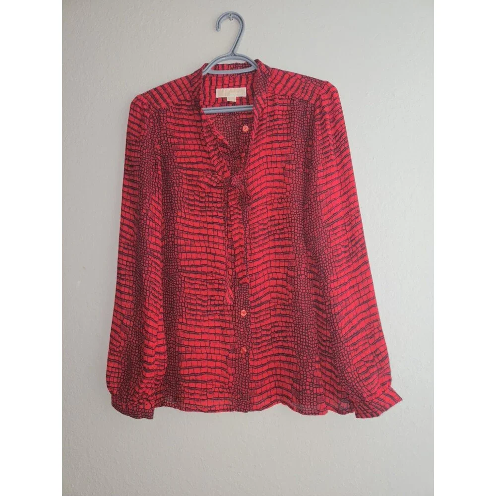 ​MICHAEL KORS Red Black Crocodile Print Blouse Women's Size Small S Long Sleeve